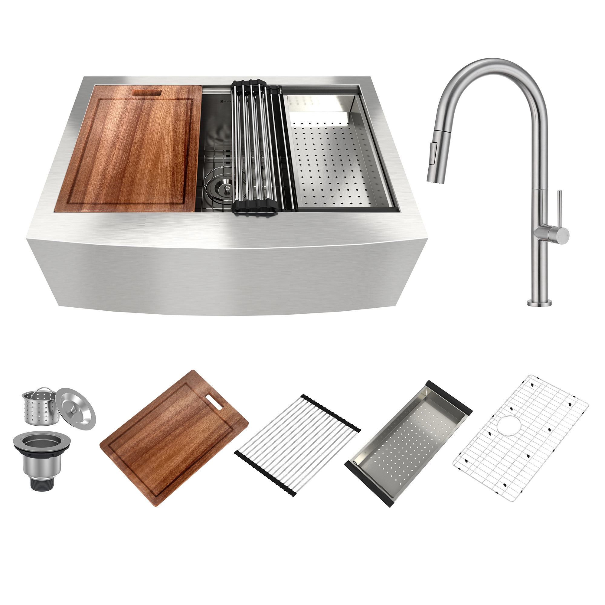Farmhouse Apron Front 30-in x 22-in Brushed Stainless Steel Single Bowl Workstation Kitchen Sink With Pull-Down Faucet-Arrisea