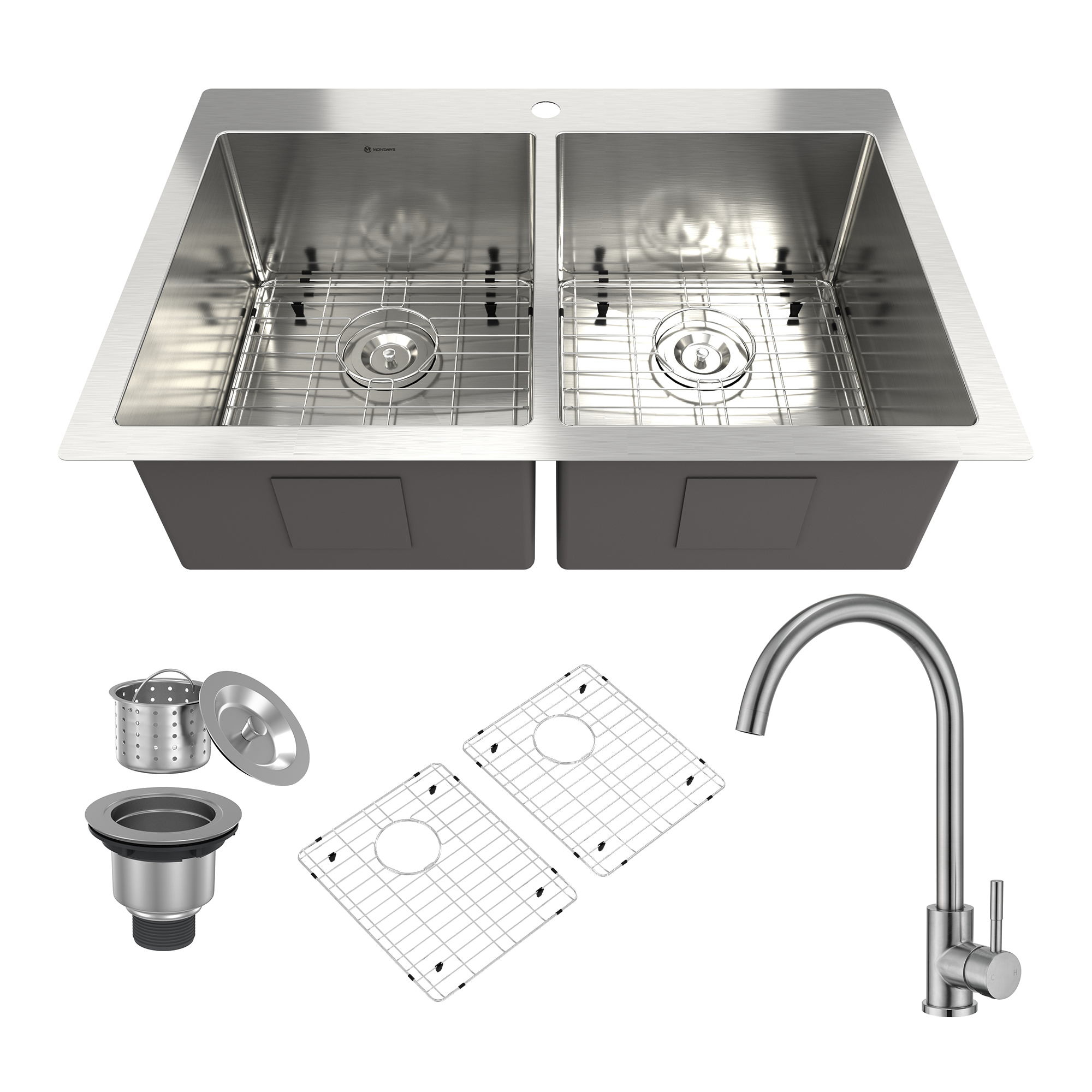 Drop-In 33-in x 22-in Brushed Stainless Steel Double Bowl Kitchen Sink With High-Arc Kitchen Faucet-Arrisea