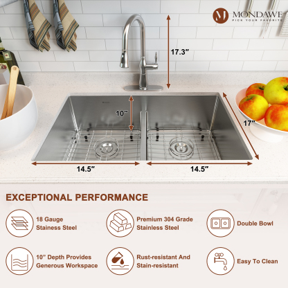 Undermount 32-in x 19-in Brushed Stainless Steel Double Bowl Kitchen Sink with Pull Down Kitchen Faucet-Arrisea