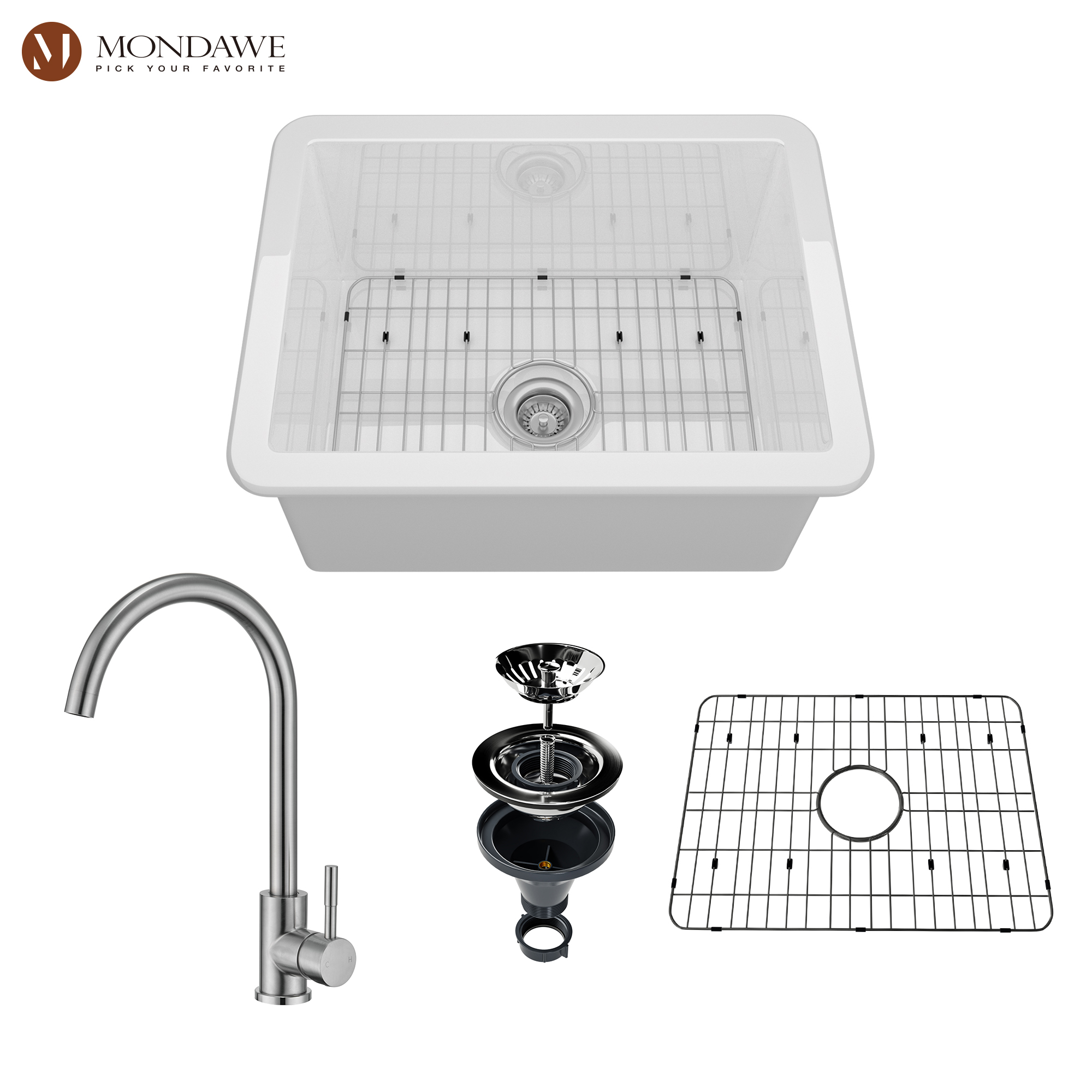 Undermount 24 in. single bowl fireclay kitchen sink in white comes with high-arc kitchen faucet-Arrisea
