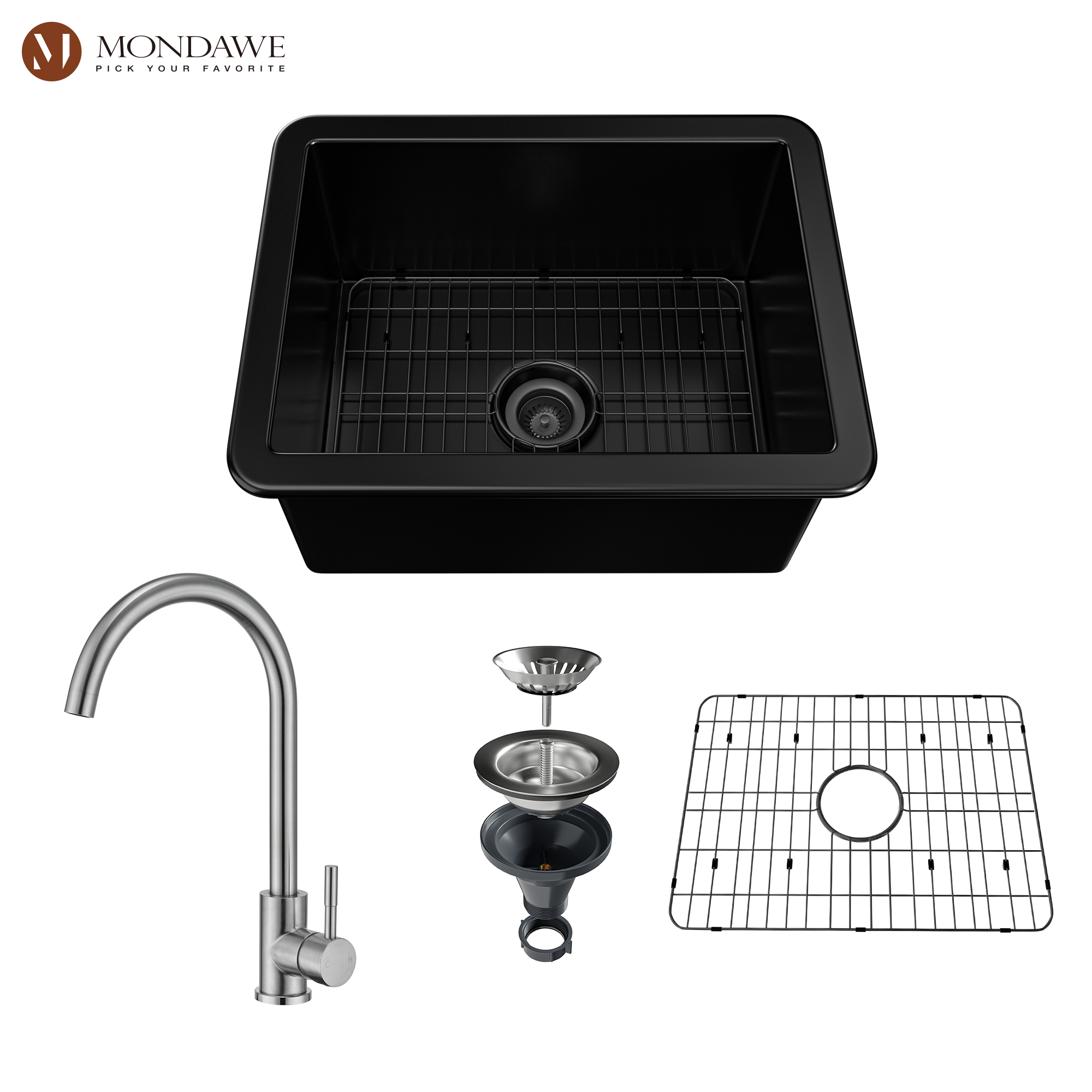 Undermount 24 in. matte black single bowl fireclay kitchen sink comes with high-arc kitchen faucet-Arrisea