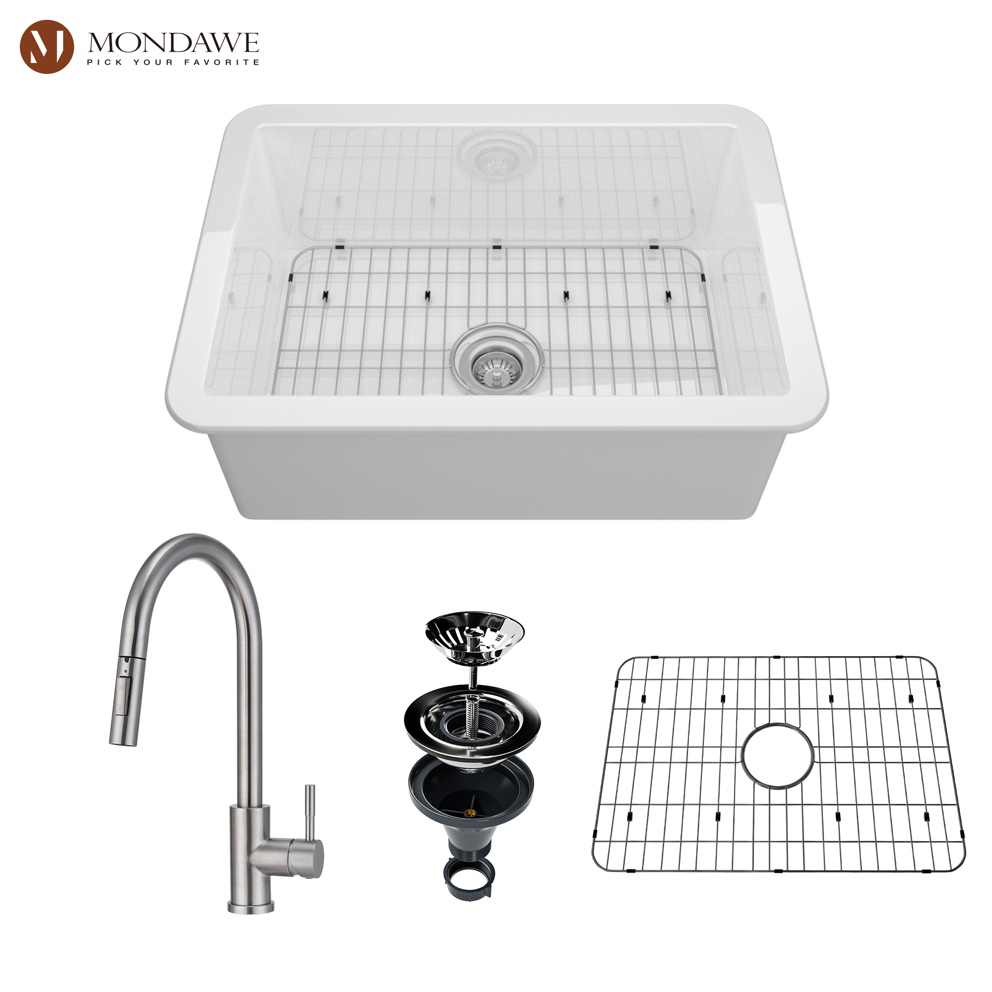 Undermount 27 in. single bowl fireclay kitchen sink in white comes with pull-down faucet-Arrisea