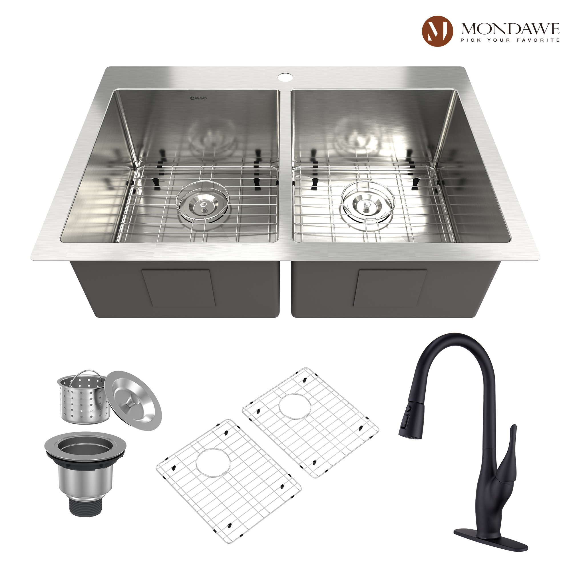 Drop-In 33-in x 22-in Brushed Stainless Steel Double Bowl Kitchen Sink with Pull Down Kitchen Faucet-Arrisea