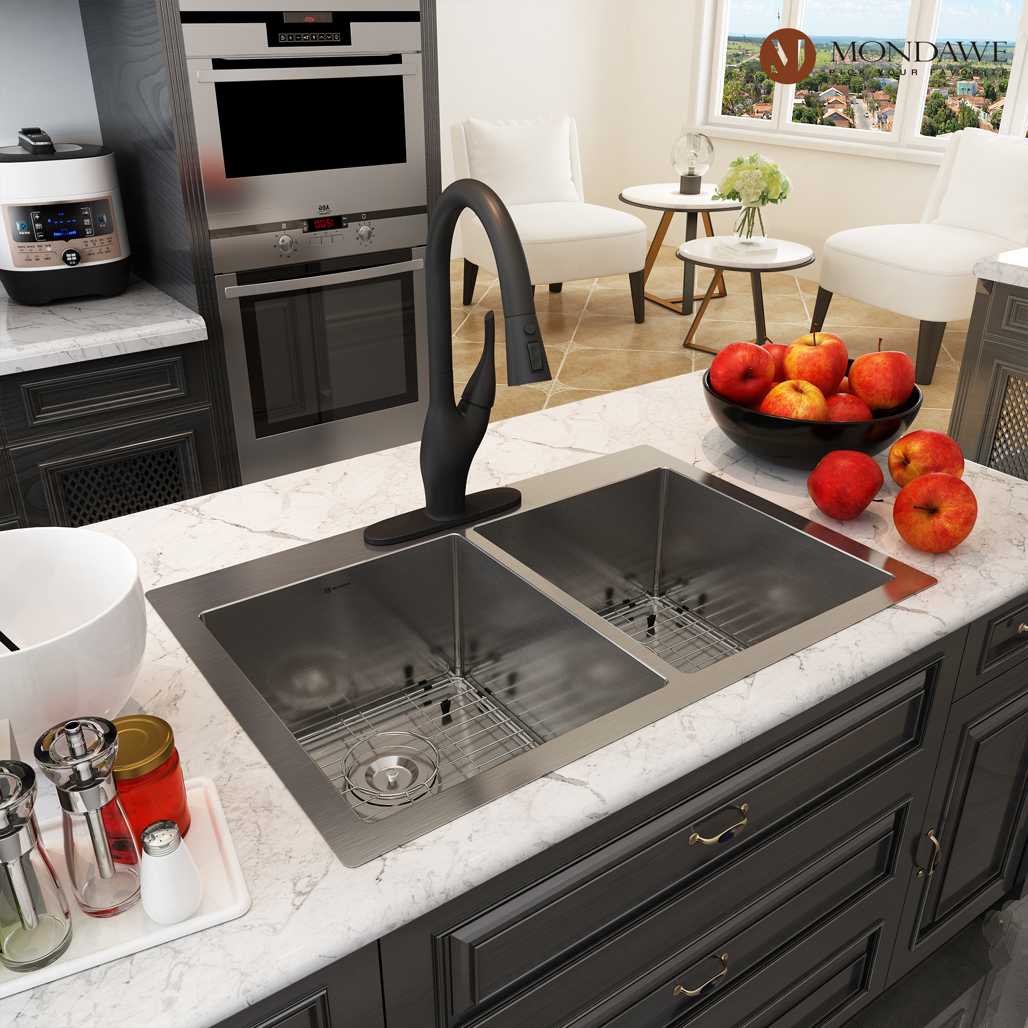 Drop-In 33-in x 22-in Brushed Stainless Steel Double Bowl Kitchen Sink with Pull Down Kitchen Faucet-Arrisea