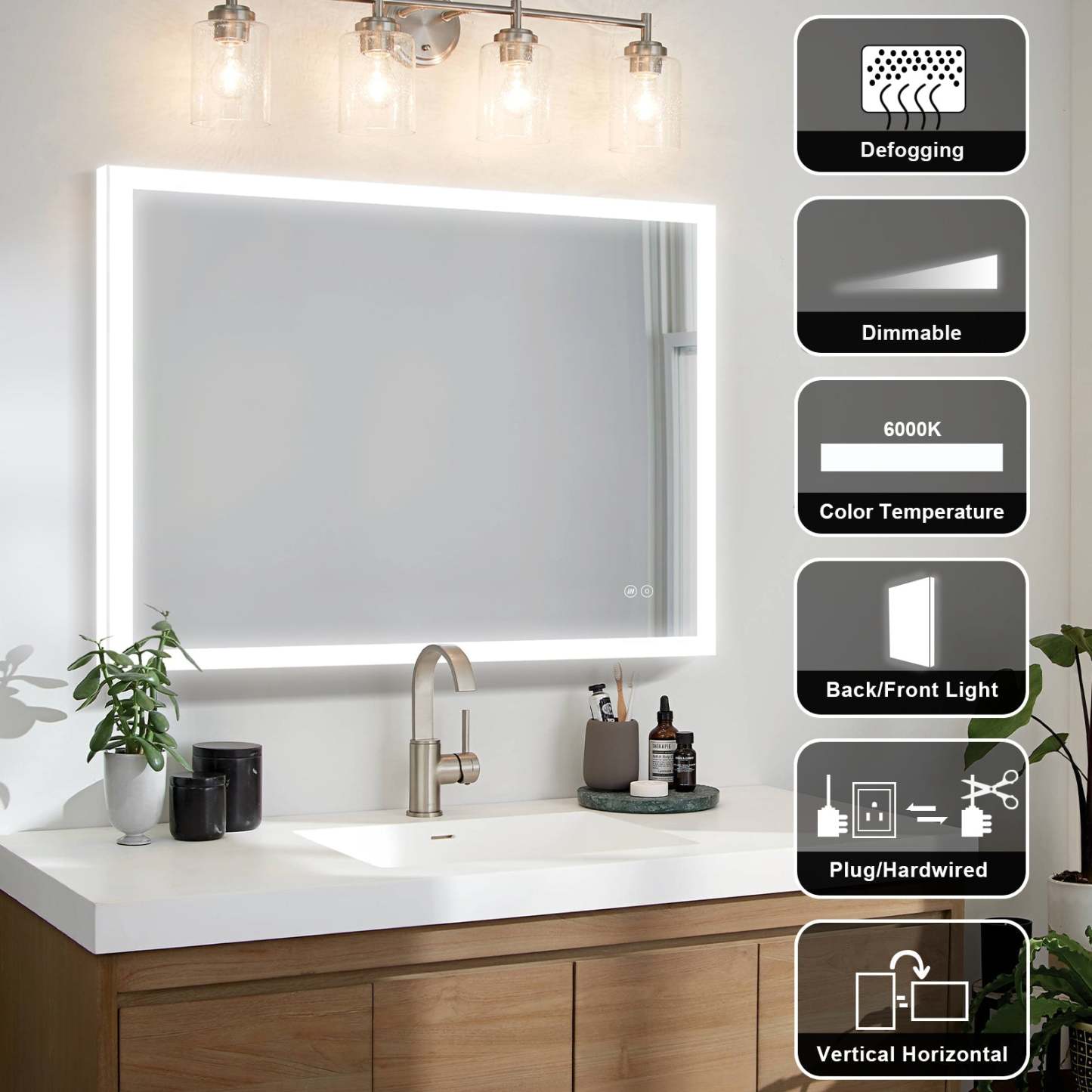 40 in. W x 32 in. H LED Light Mirror Rectangular Fog Free Frameless Bathroom Vanity Mirror-Arrisea