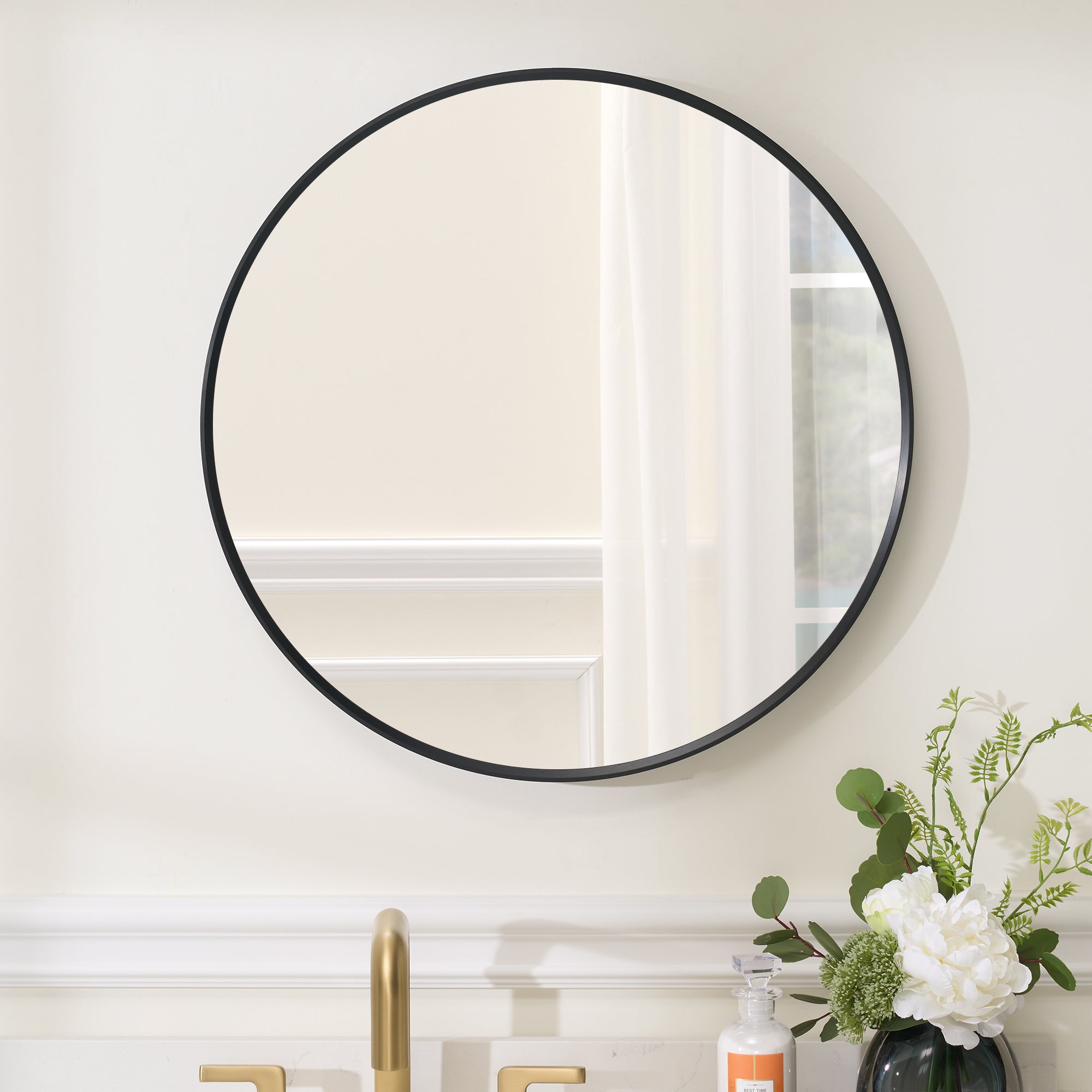 24 in. W x 24 in. H Black Modern Round Framed Aluminum Wall Mirror-Arrisea