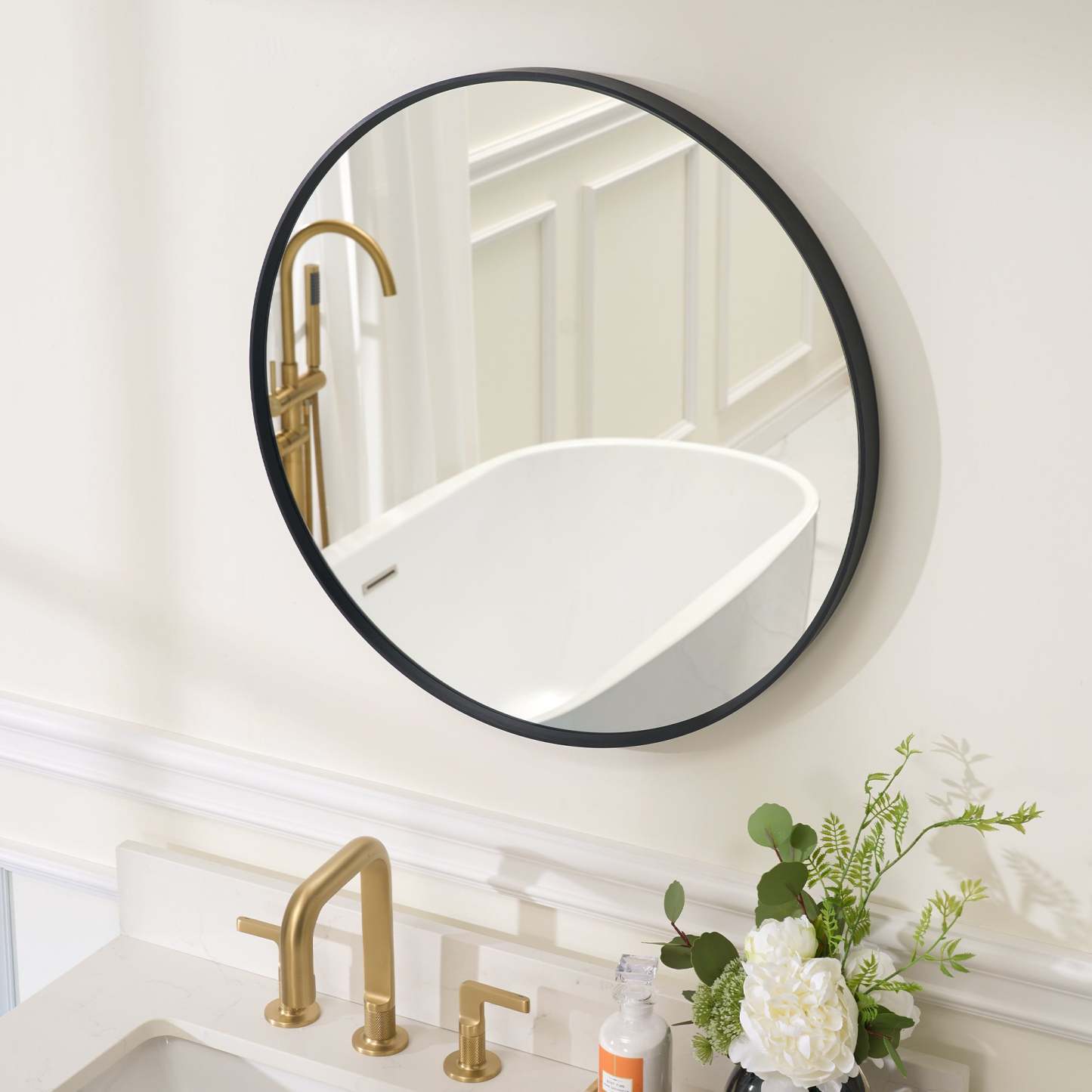 24 in. W x 24 in. H Black Modern Round Framed Aluminum Wall Mirror-Arrisea