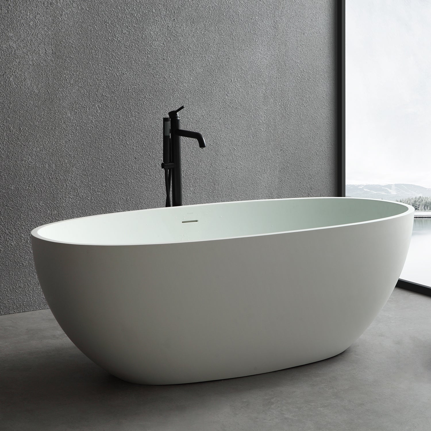 Stone Resin Solid Surface Flatbottom Free-Standing Bathtub with Centre Drain in Matte White-Arrisea