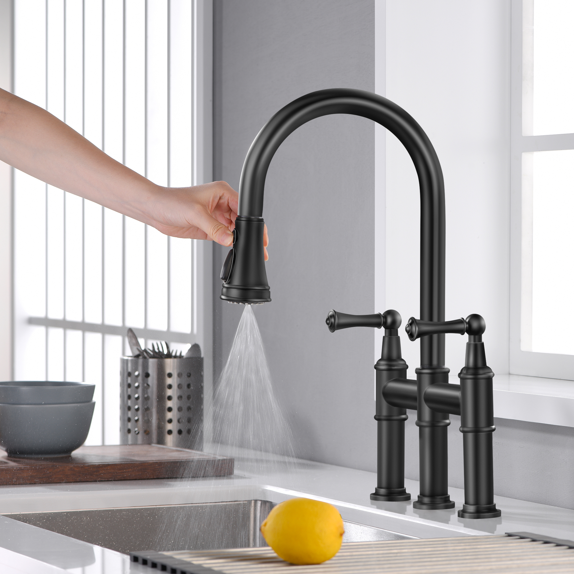 CF-15082 Black Pull Down Kitchen Faucet-Arrisea