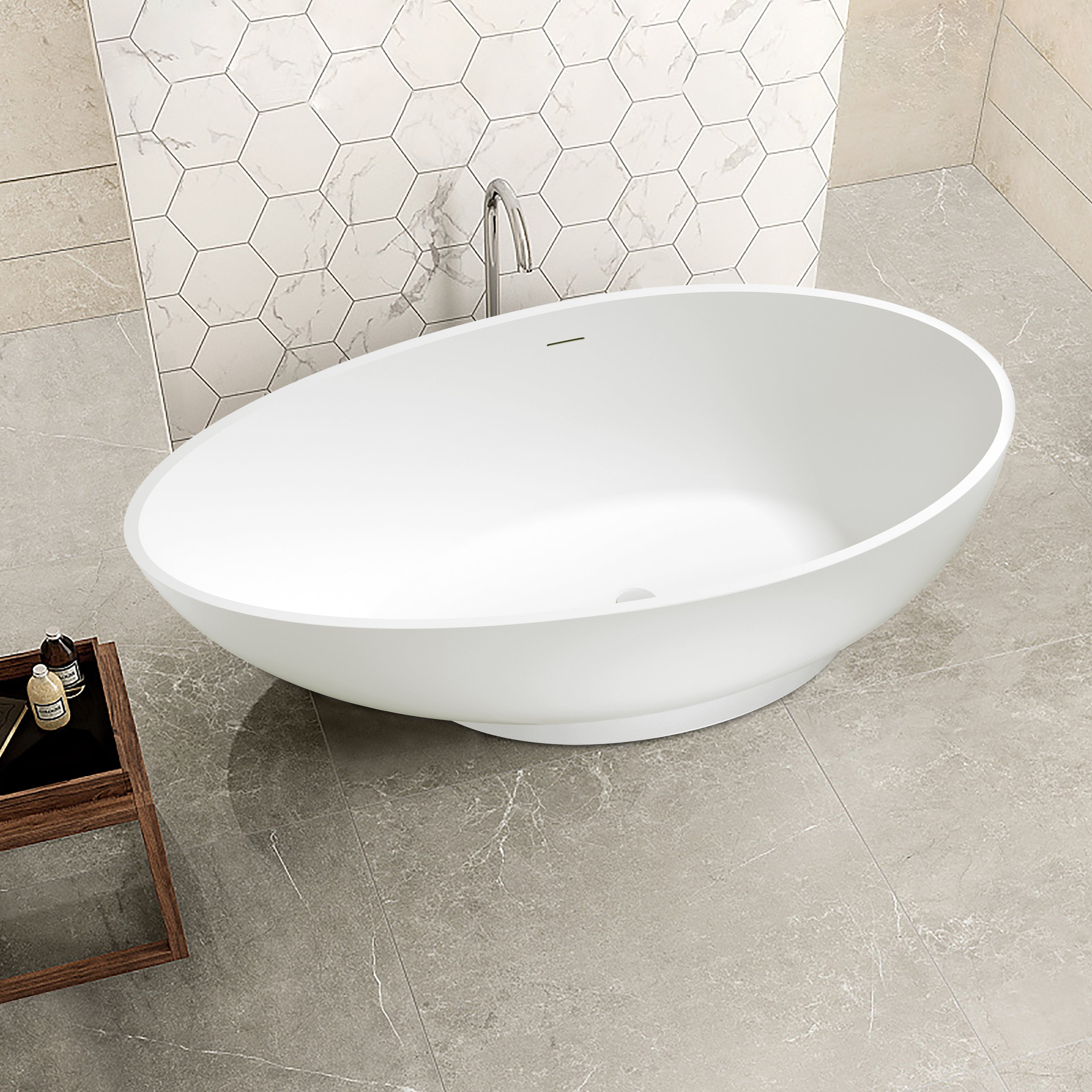 70-in Stone Resin Solid Surface Egg Shape Freestanding Bathtub in Matte White-Arrisea