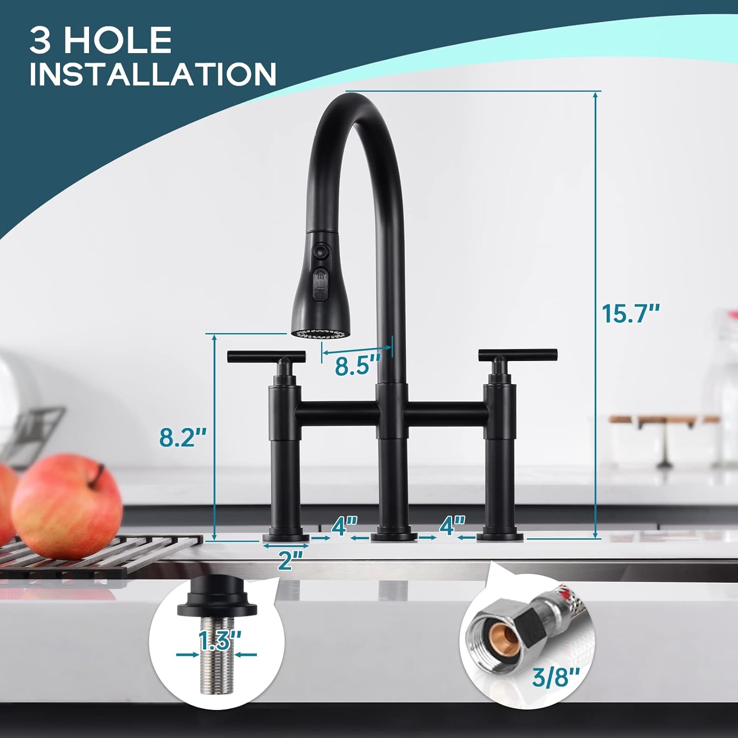 CF-15108 Kitchen Faucet with 3 Mode Pull-Down Sprayer 2 Handles 8 Inch Kitchen Sink Faucet 3 Hole Kitchen Sink Faucet Fingerprint Resistant Stain Resistant Stainless Steel-Arrisea