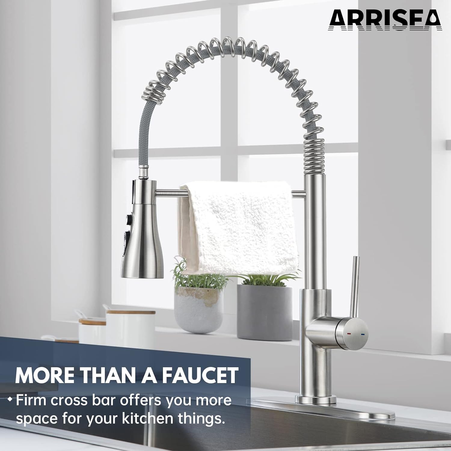 ARRISEA CF-15102 Kitchen Faucet, Laundry Faucets with Sprayer, Bar and RV Sink Faucet with 10'' Deck Plate, Stainless Steel Single Handle High Arc Brushed Nickel Faucets with Pull-Down Spayer-Arrisea