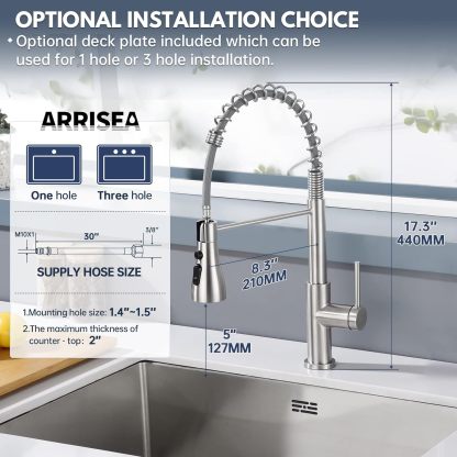 ARRISEA CF-15102 Kitchen Faucet, Laundry Faucets with Sprayer, Bar and RV Sink Faucet with 10'' Deck Plate, Stainless Steel Single Handle High Arc Brushed Nickel Faucets with Pull-Down Spayer-Arrisea