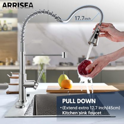 ARRISEA CF-15102 Kitchen Faucet, Laundry Faucets with Sprayer, Bar and RV Sink Faucet with 10'' Deck Plate, Stainless Steel Single Handle High Arc Brushed Nickel Faucets with Pull-Down Spayer-Arrisea