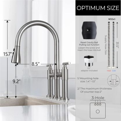 CF-15108 Kitchen Faucet with 3 Mode Pull-Down Sprayer 2 Handles 8 Inch Kitchen Sink Faucet 3 Hole Kitchen Sink Faucet Fingerprint Resistant Stain Resistant Stainless Steel-Arrisea