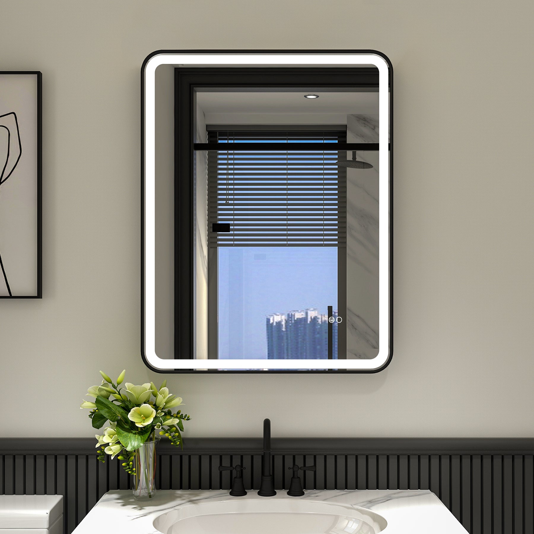 28 in. W x 36 in. H Framed Round Shaped Corners LED Light Bathroom Vanity Mirror in Black-Arrisea