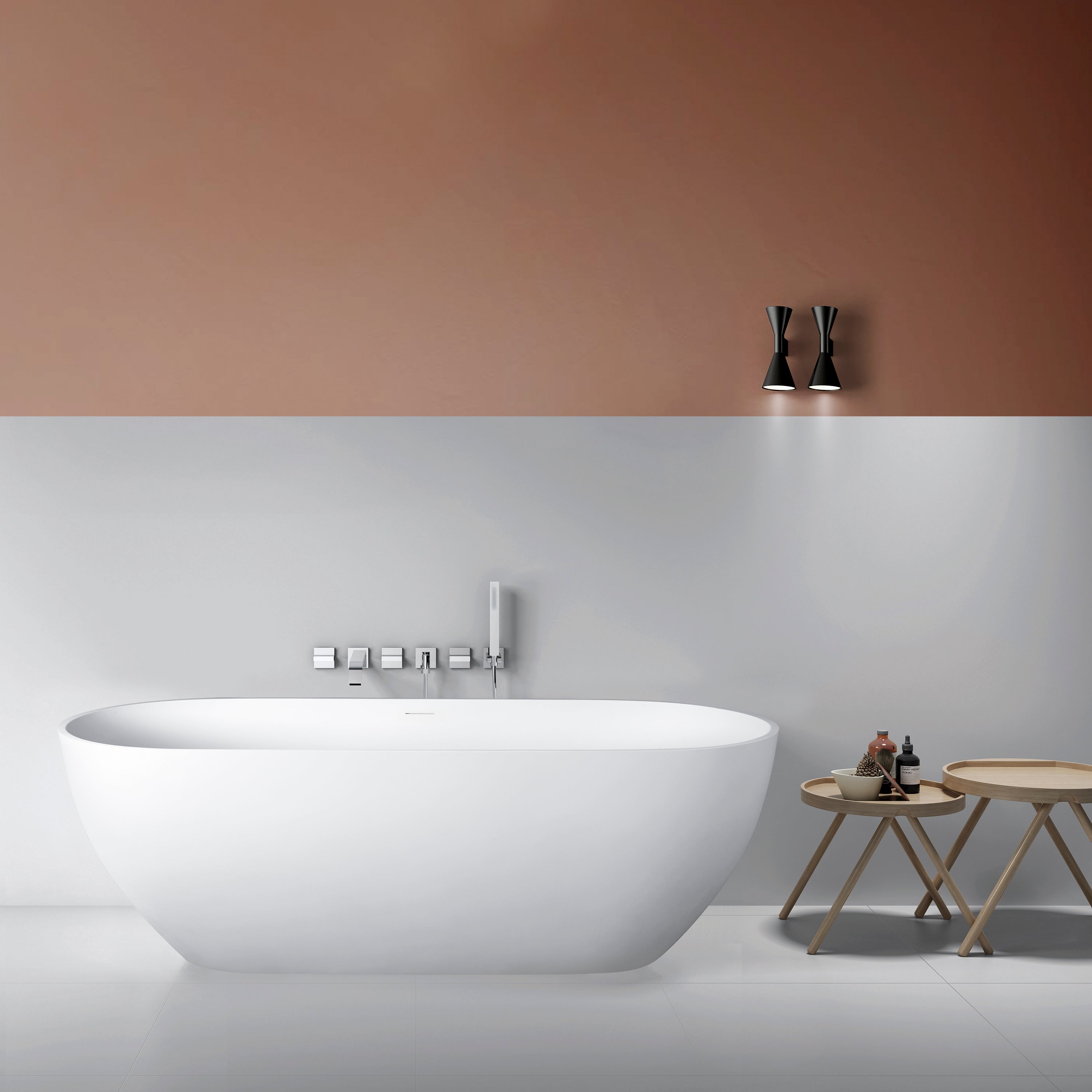 59-in Stone Resin Solid Surface Oval Shape Freestanding Bathtub in Matte White-Arrisea