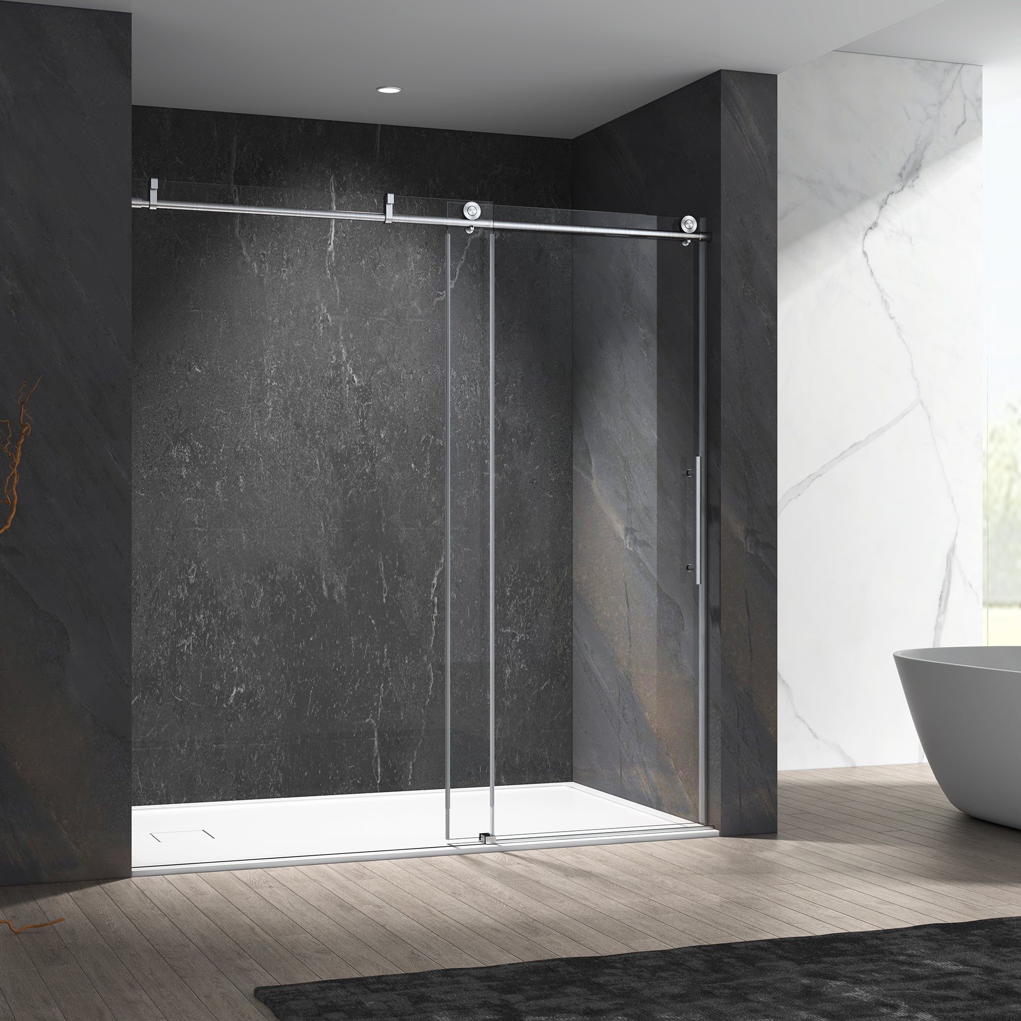 60-in W x 76-in H Frameless Sliding Matte Black Soft Close Standard Shower Door-Arrisea