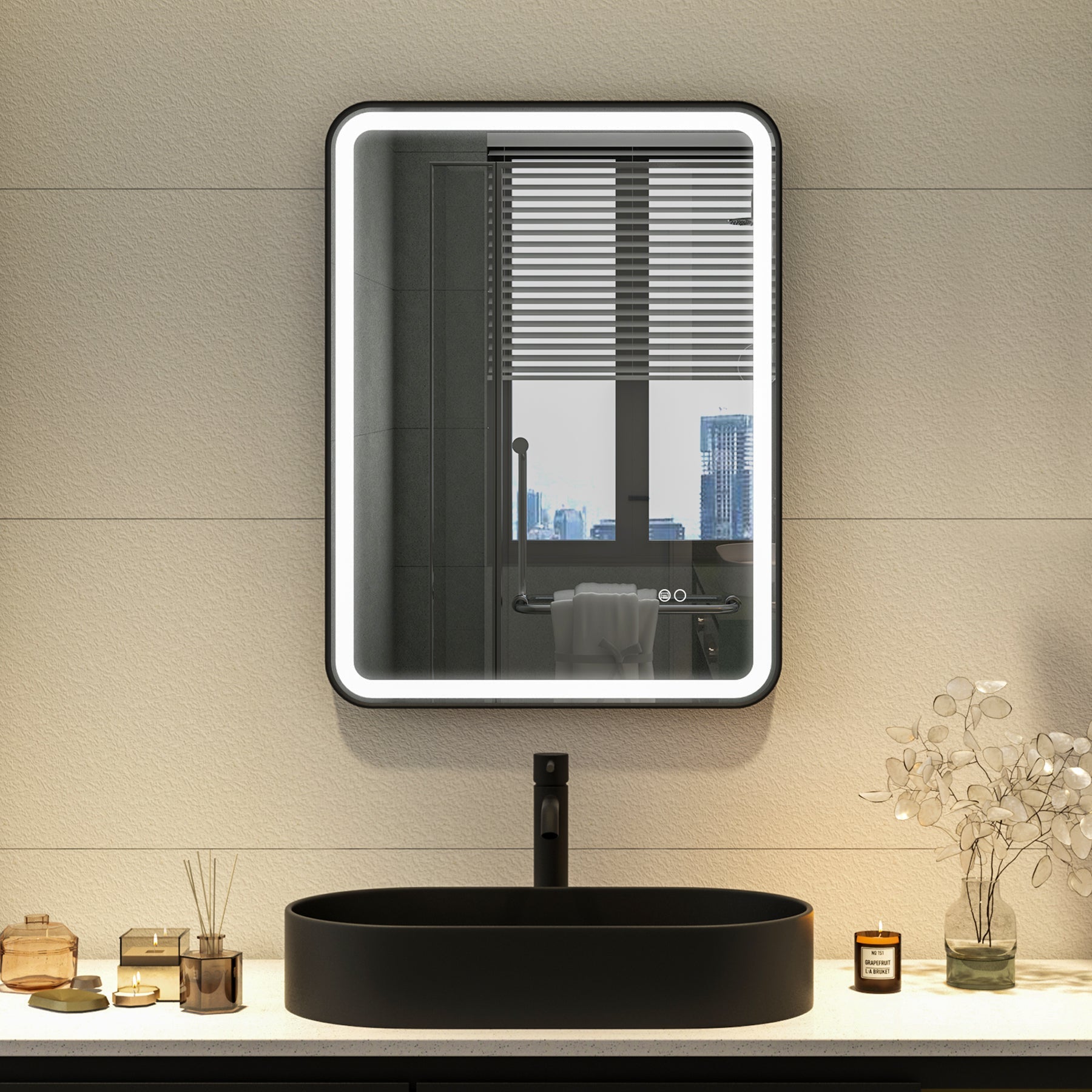 24 in. W x 32 in. H Framed Round Shaped Corners LED Light Bathroom Vanity Mirror in Black-Arrisea