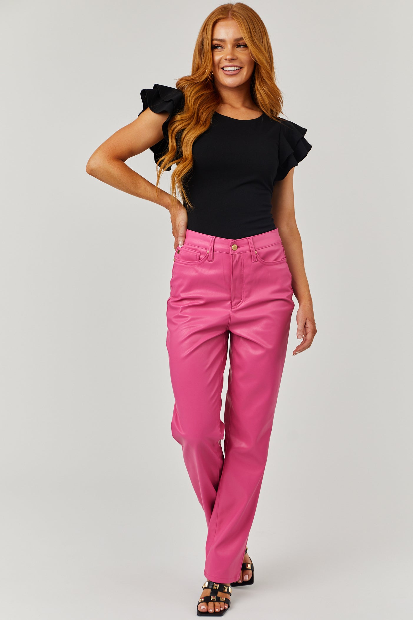 Judy Blue Magenta Faux Leather Straight Pants front 08152023
