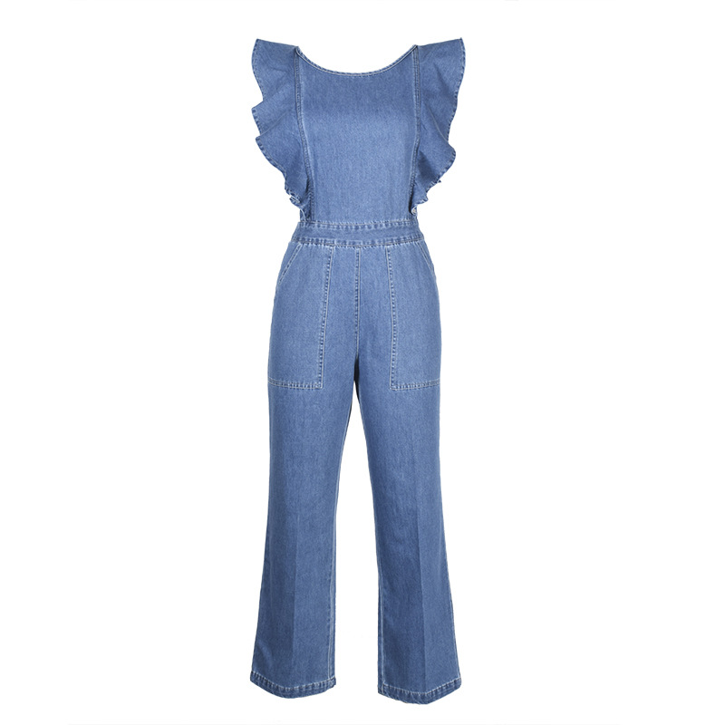 Women Summer New Lace Up Ruffled Denim One Piece Suit    