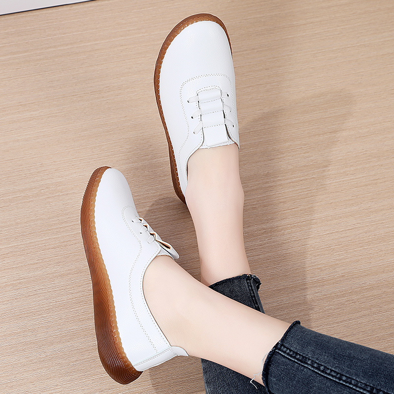 Women's Genuine Leather Soft Bottom Flat Loafers,Elastic Drawstring Slip On Breathable Non-Slip Casual Walking Work Shoes Comfort Mom Shoes