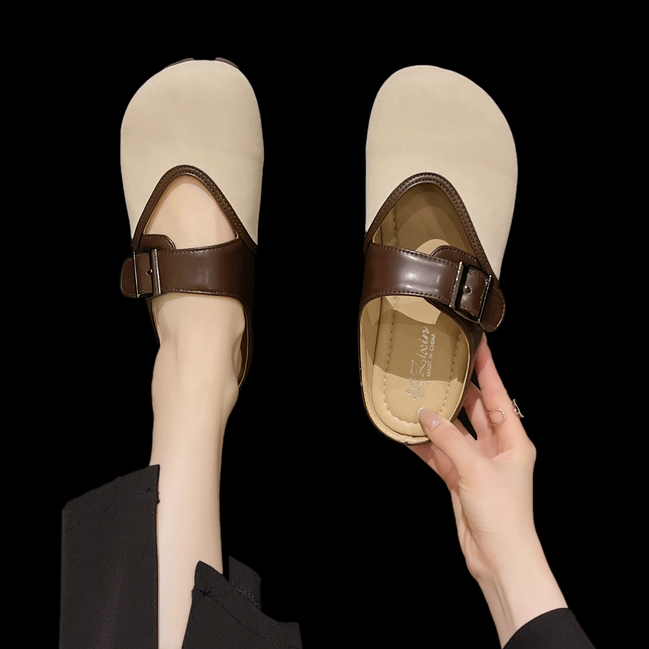 Dress Shoes for Women Solid Color Flat Slides Mules Casual Buckle Strap Design Slip On Comfortable Non Slip Lightweight Walking Shoes