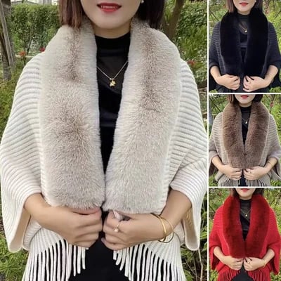Winter Knit Fringe Fur Collar Shawl