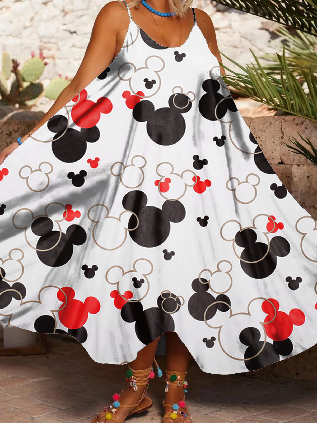 Women's Cute Cartoon Print Casual Spaghetti Strap Dress