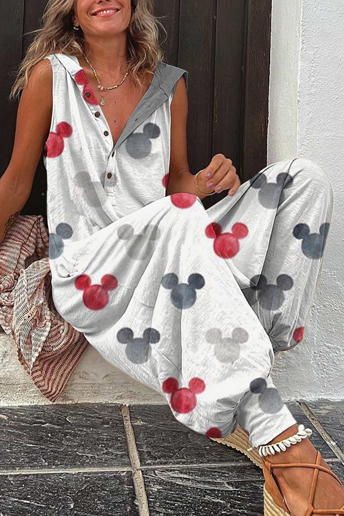 Women's Cute Printed Single-breasted Sleeveless Hooded Jumpsuit