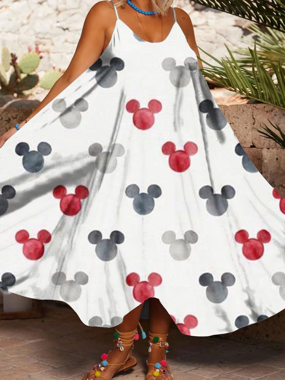 Women's Cute Cartoon Print Casual Spaghetti Strap Dress