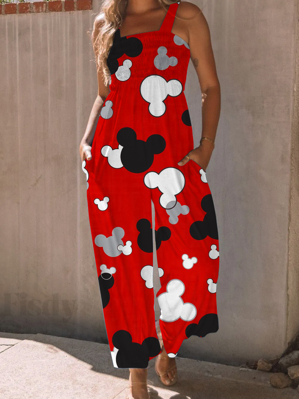 Vintage High Waist Cute Cartoon Print Wide leg Jumpsuit with Pockets