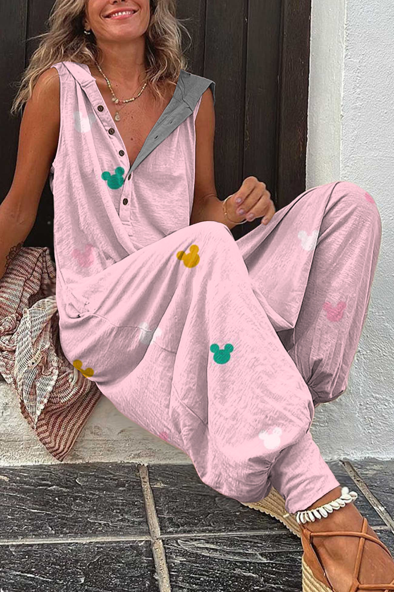 Women's Cute Printed Single-breasted Sleeveless Hooded Jumpsuit