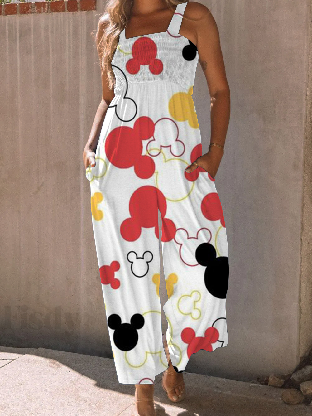 Vintage High Waist Cute Cartoon Print Wide leg Jumpsuit with Pockets