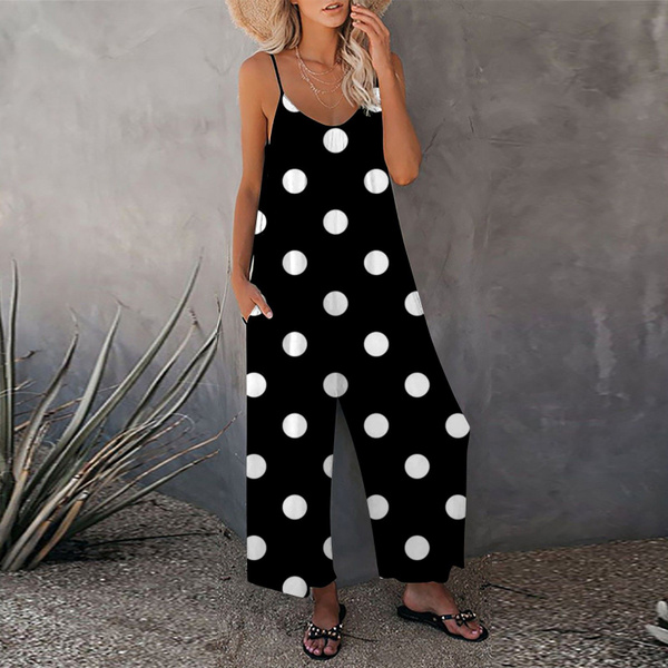 Vintage Spot Print Wide leg Jumpsuit with Pockets