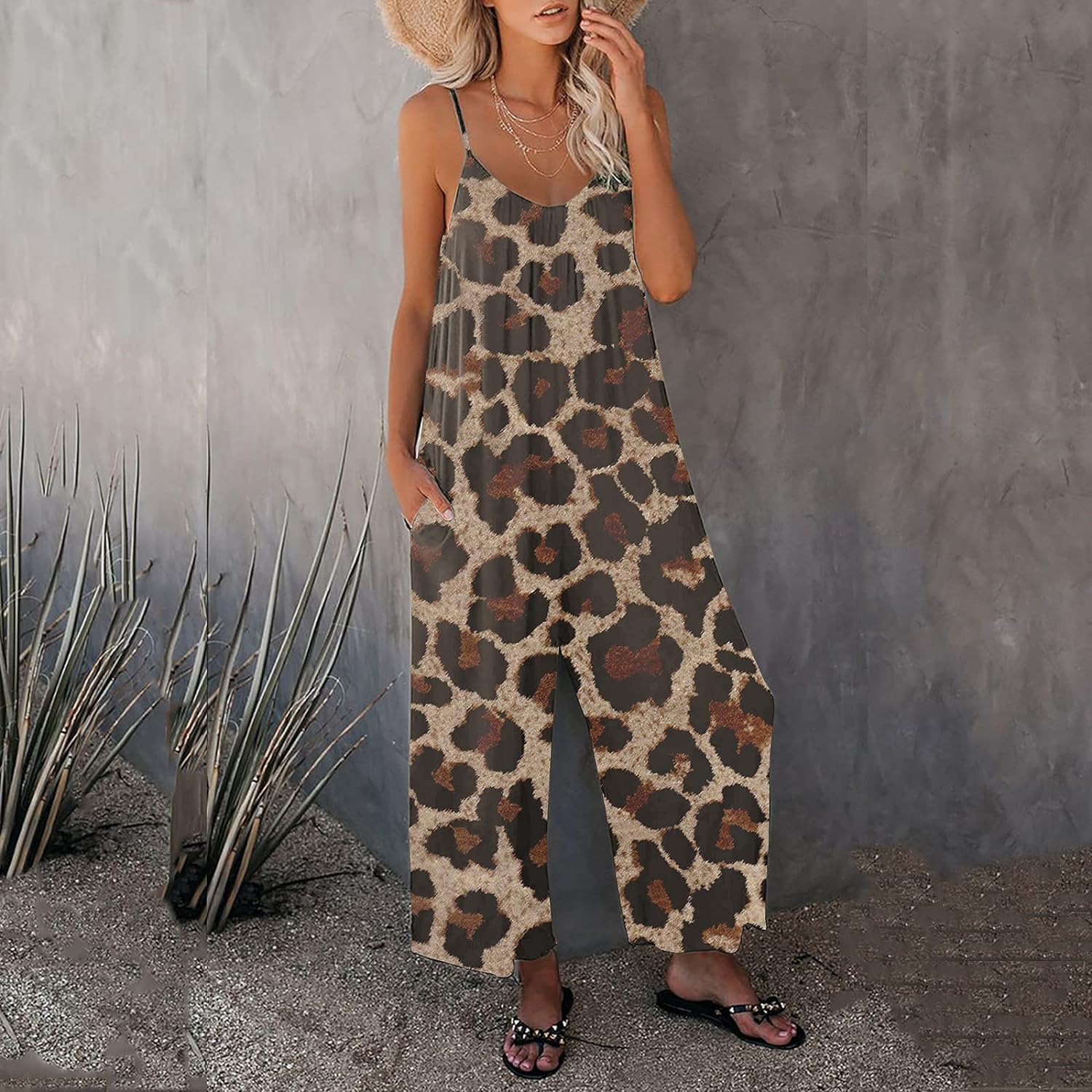 Vintage Leopard Print Wide leg Jumpsuit with Pockets