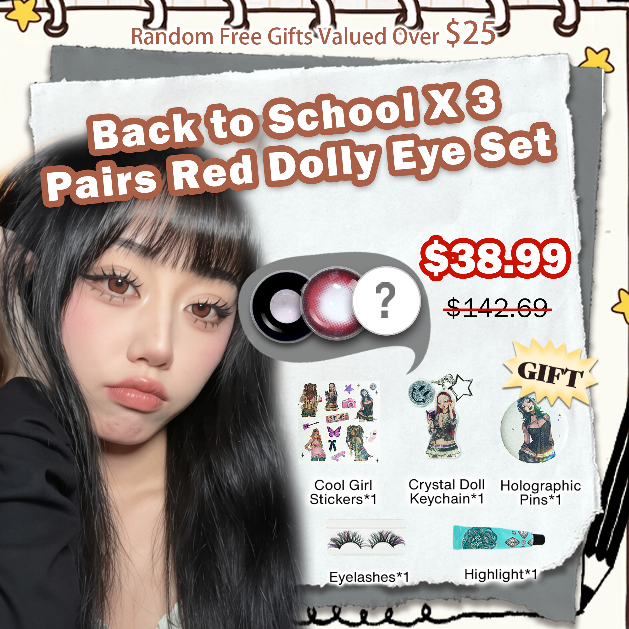 Back to School X 3 Pairs Red Dolly Eye Set | Bigger (Customized✨)