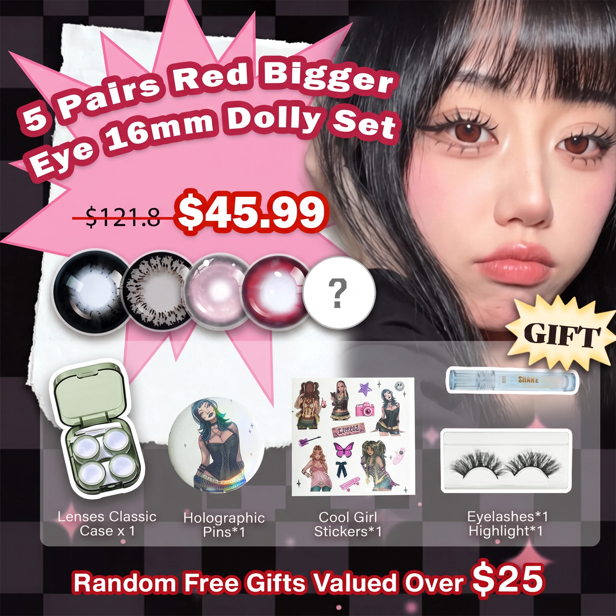 5 Pairs Red Bigger Eye 16mm Dolly Set | Enlarge (Customized✨)