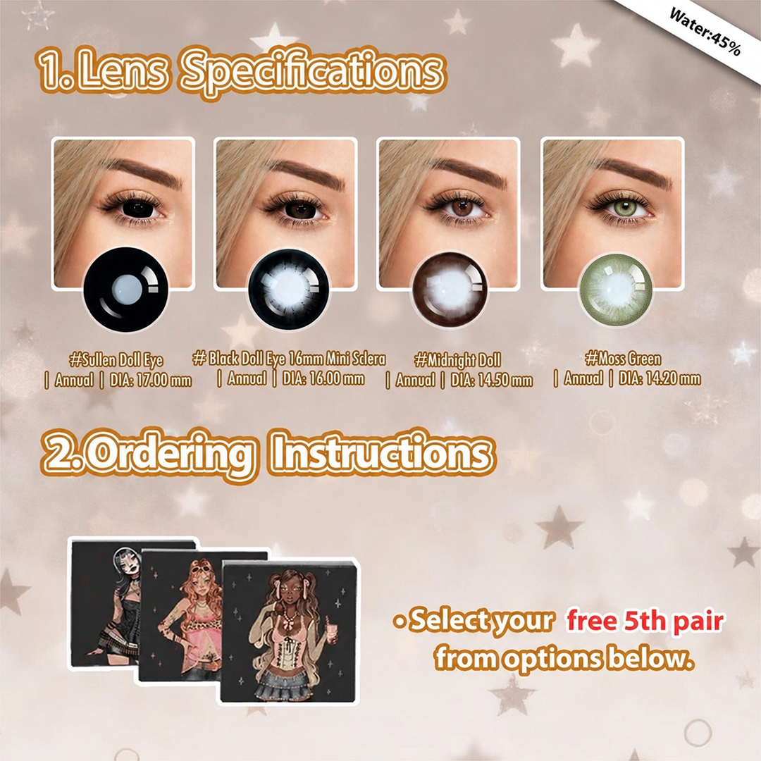 Summer Essential x 5 Pairs Black Dolly Contacts Set | Enlarge | 17mm (Customized✨)