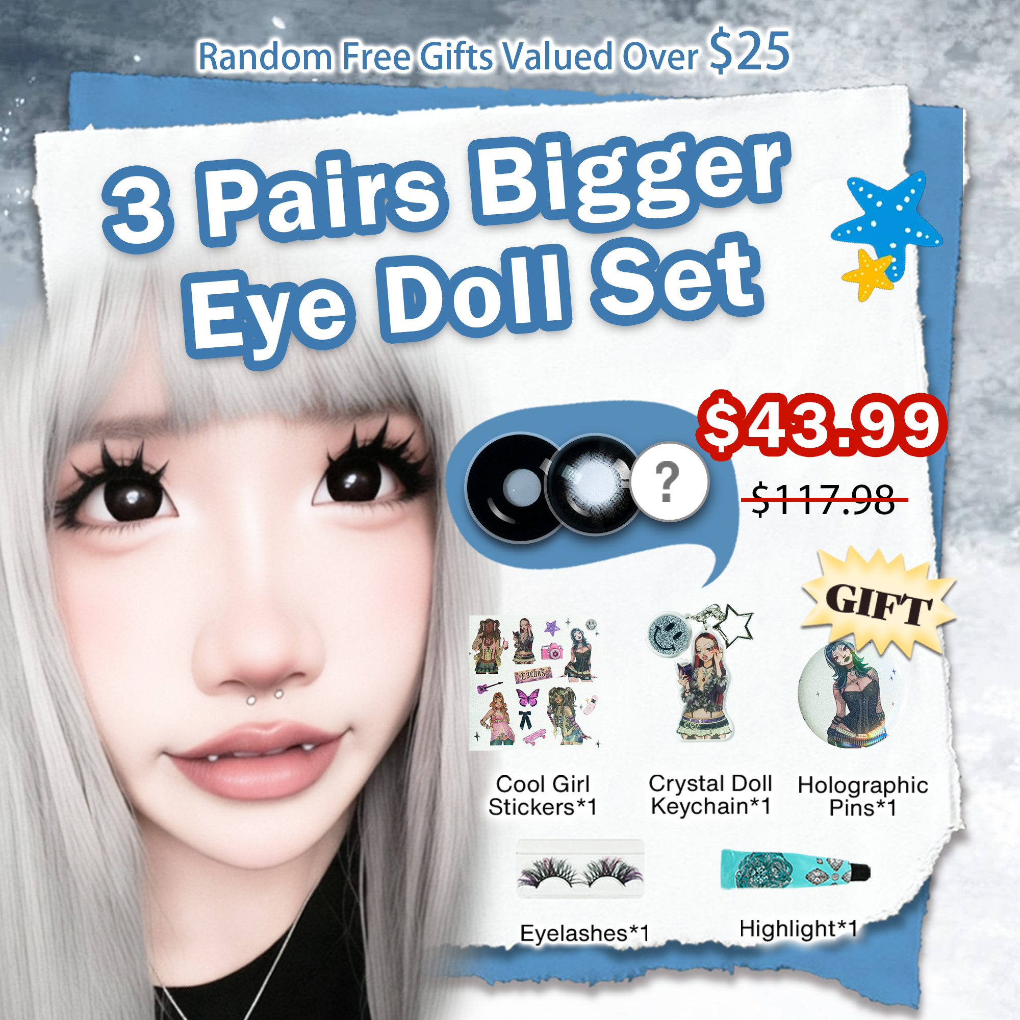 3 Pairs Bigger Eye Doll Set | Enlarge | Black 17mm  (Customized✨)
