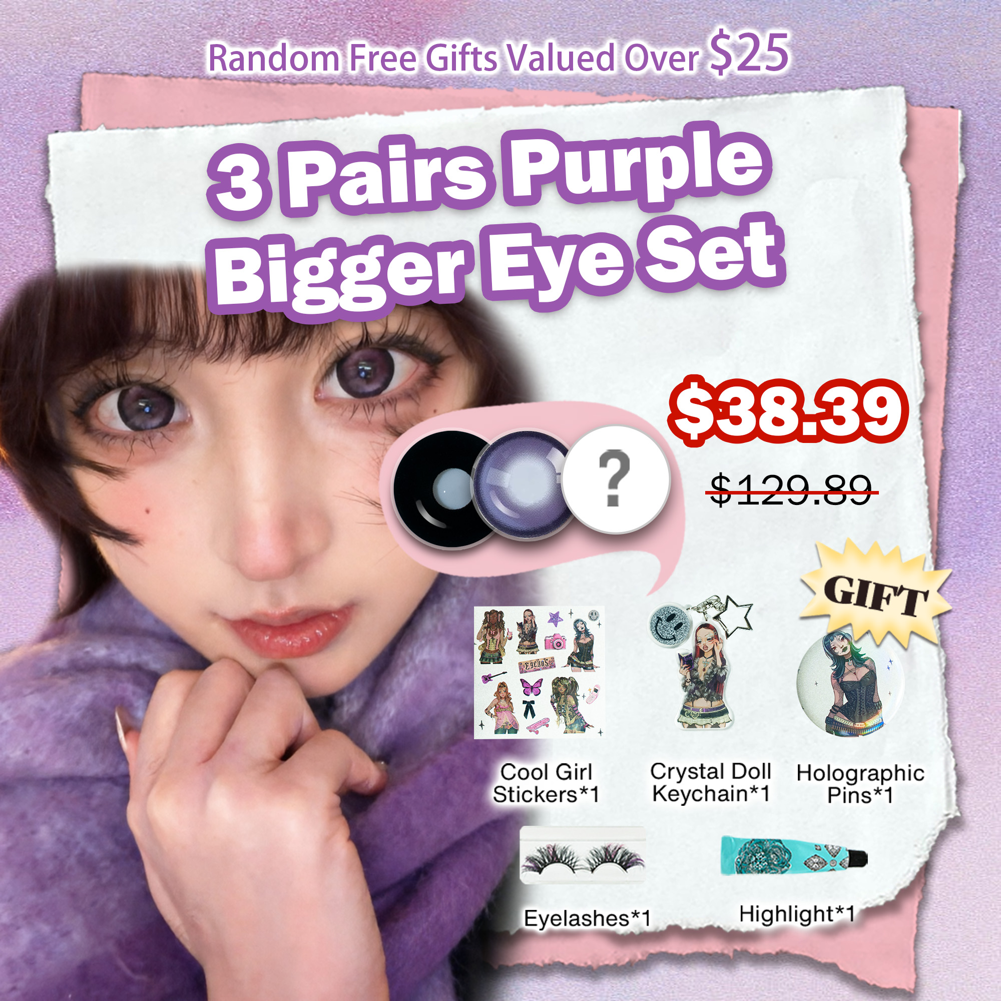 3 Pairs Bigger Dolly Eye Set | Enlarge | Purple | 17mm (Customized✨)