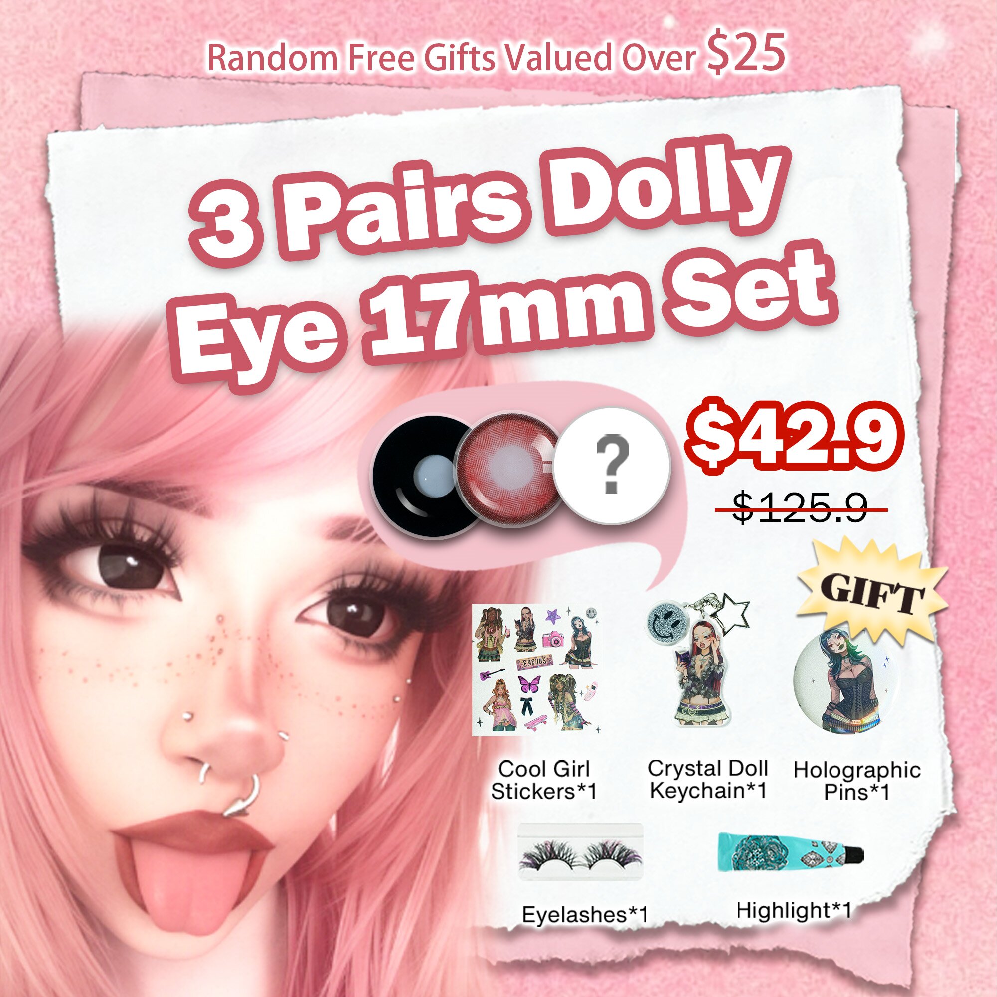 3 Pairs Dolly Eye 17mm Set | Enlarge | Red (Customized✨)
