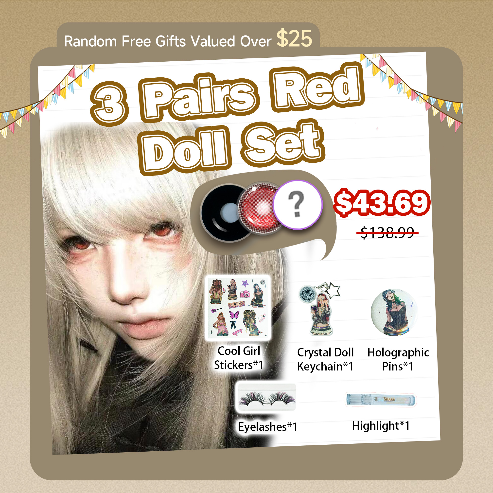 3 Pairs X Red Doll Set | Bigger | Dolly | 17mm (Customized✨)