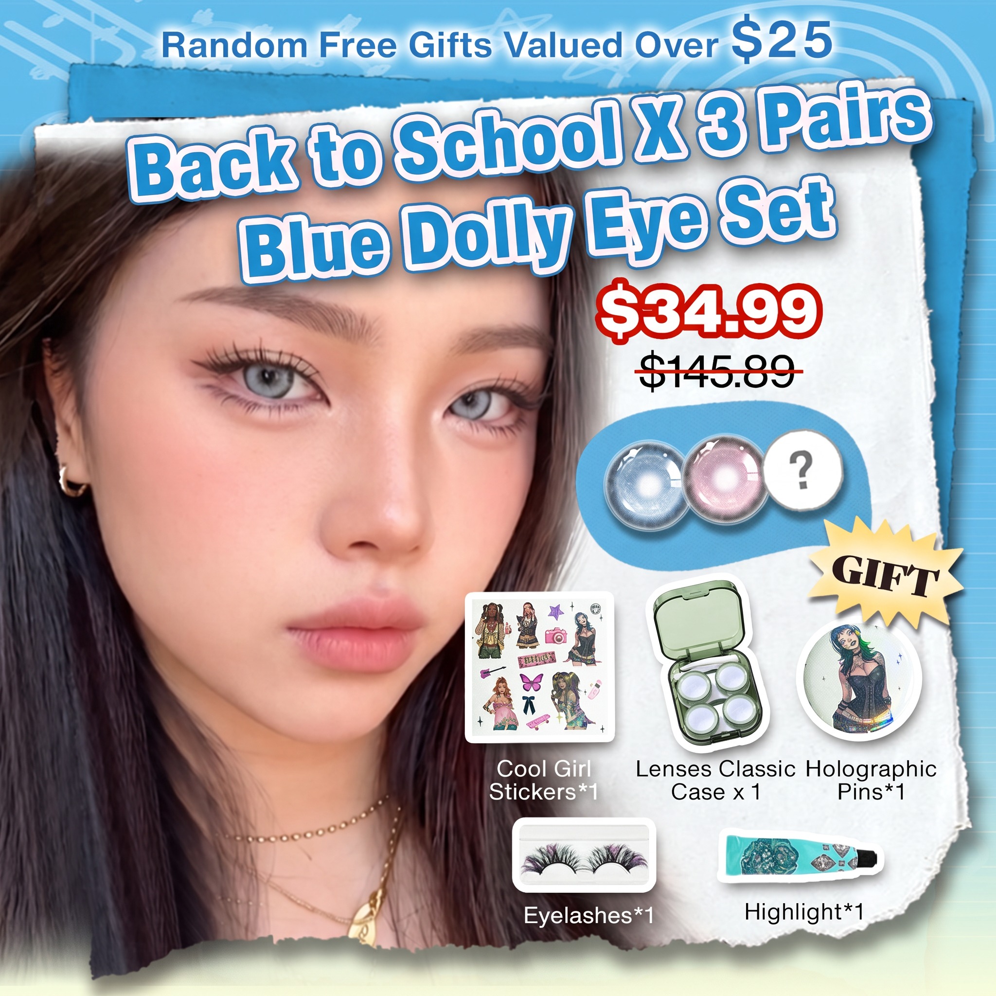 Back to School X 3 Pairs Blue Dolly Eye Set | Bigger (Customized✨)