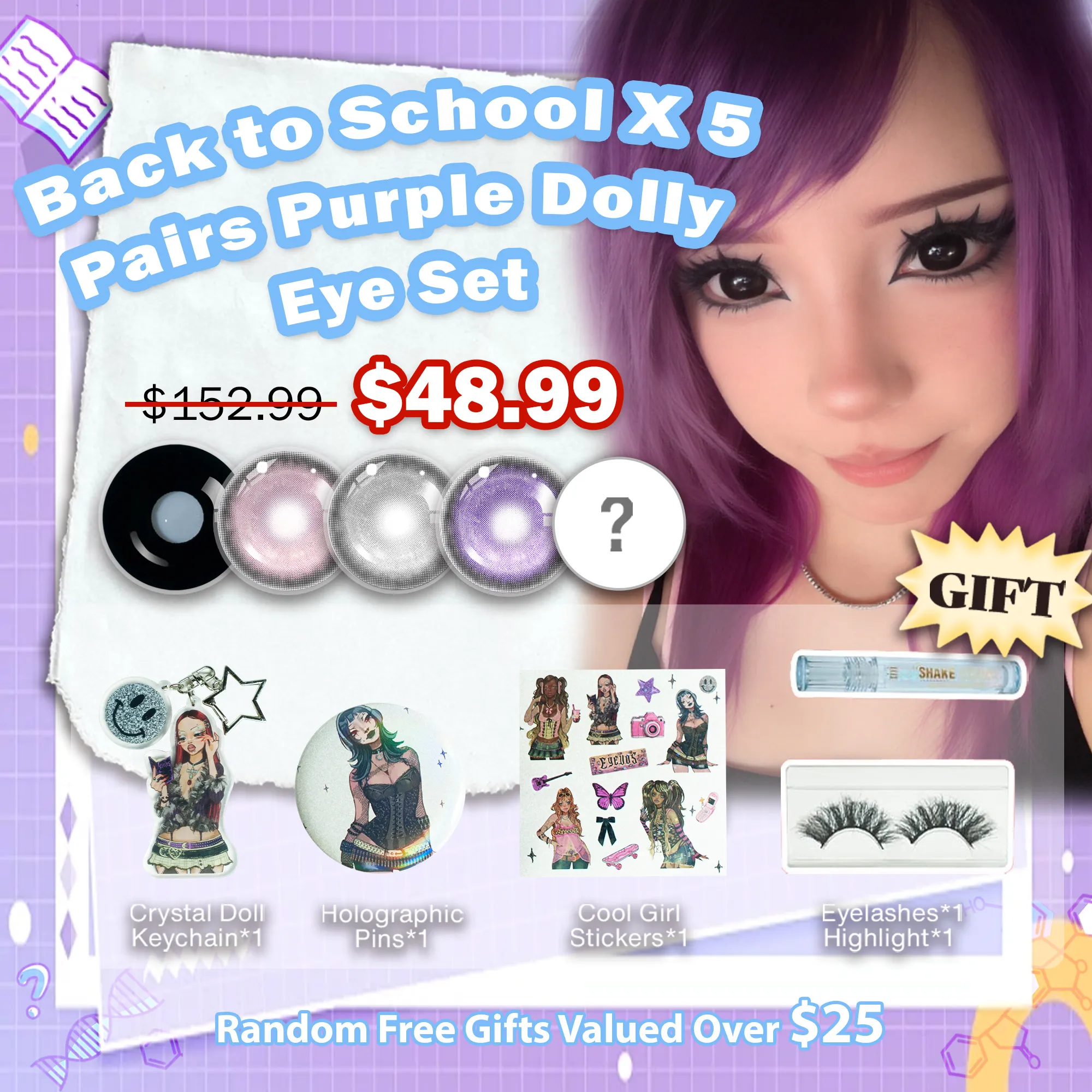 Back to School X 5 Pairs Purple Dolly Eye Set | Bigger | 16mm (Customized✨)