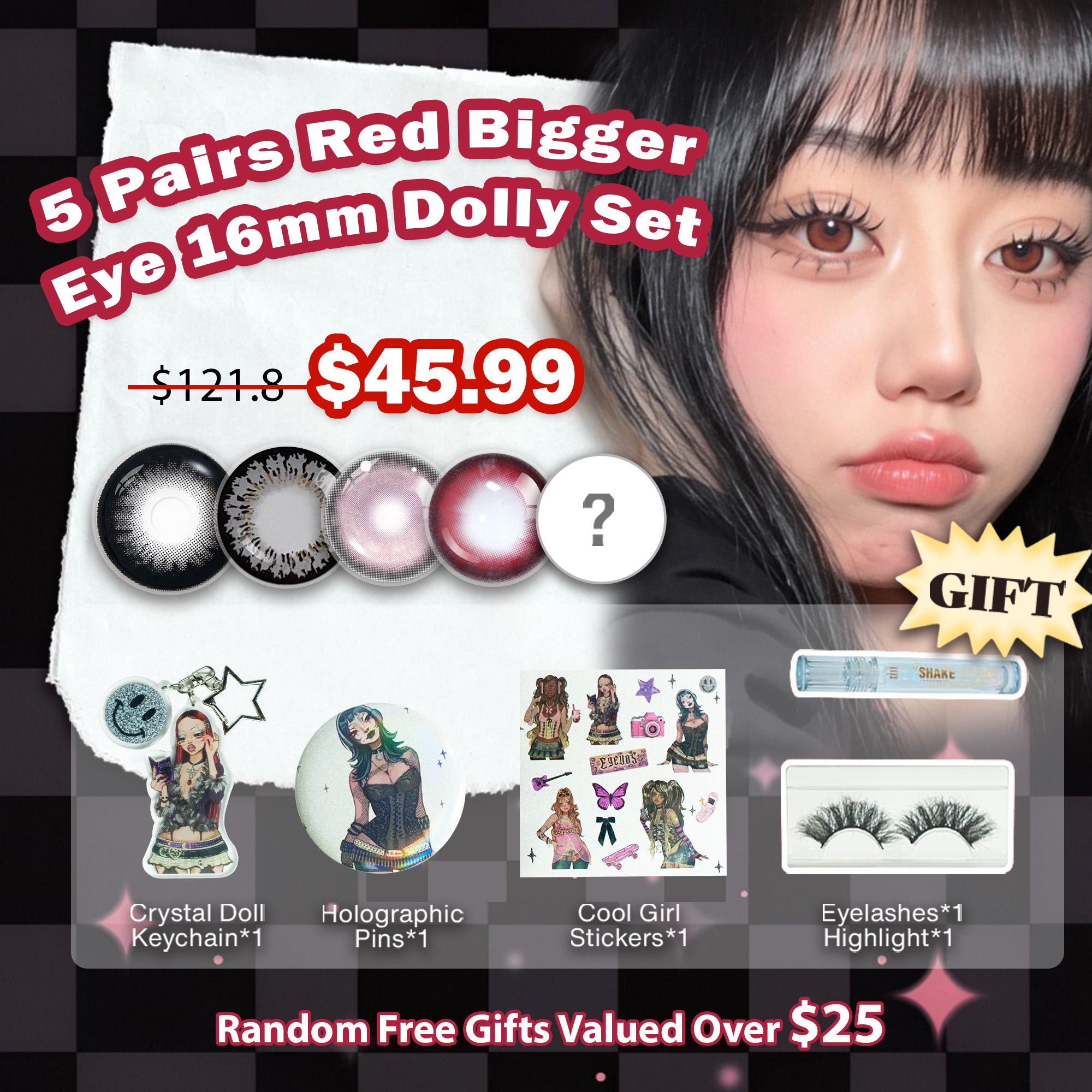5 Pairs Red Bigger Eye 16mm Dolly Set | Enlarge (Customized✨)