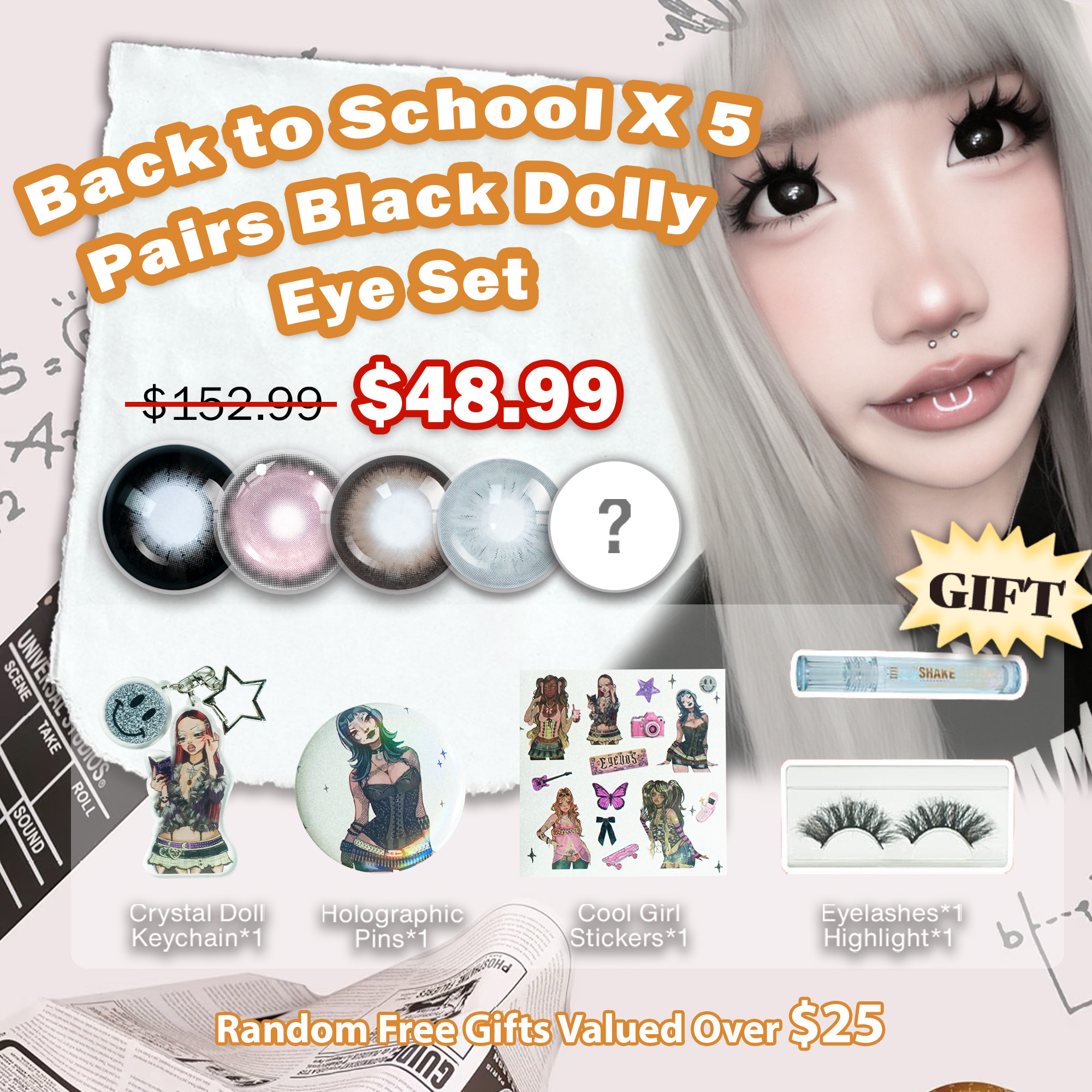Back to School X 5 Pairs Black Dolly Eye Set | Enlarge | 16mm (Customized✨)