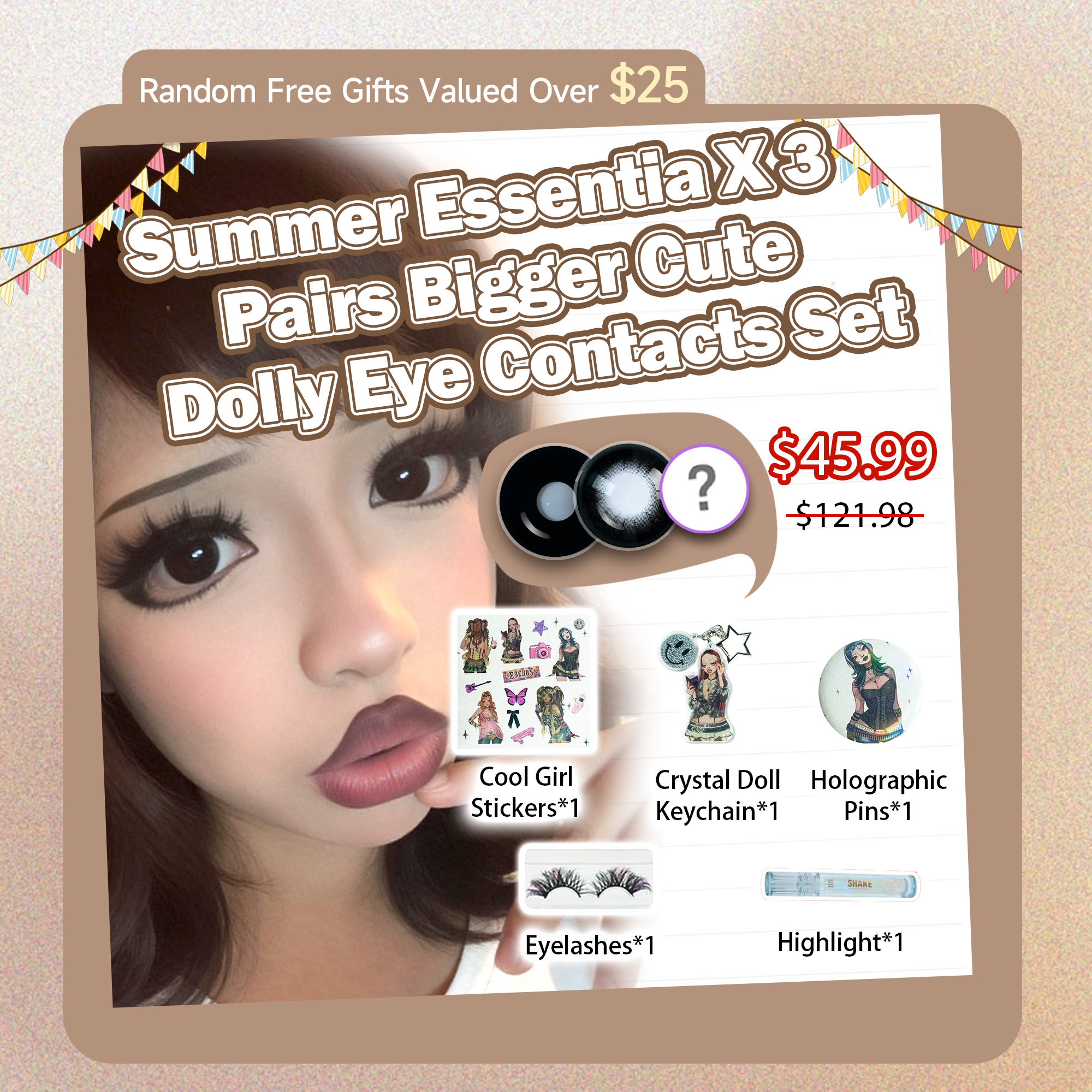 Summer Essentia X 3 Pairs Bigger Cute Dolly Eye Contacts Set Enlarge | Black 17mm (Customized✨）