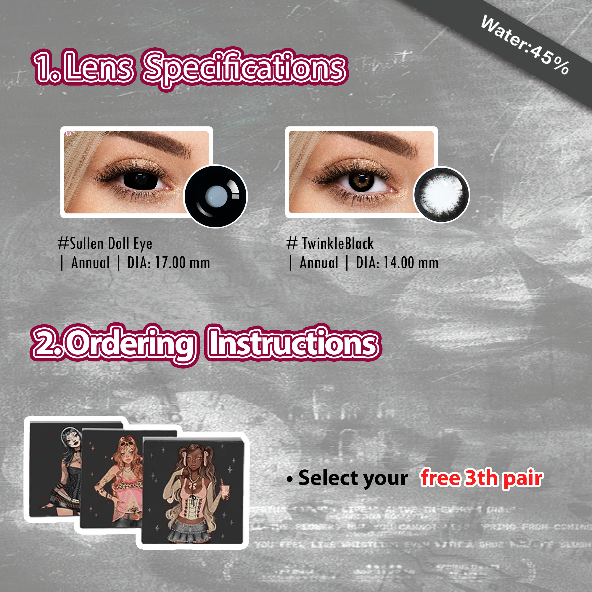 Summer Essentia X 3 Pairs Bigger Cute Dolly Eye Contacts Set Enlarge | Black 17mm (Customized✨）