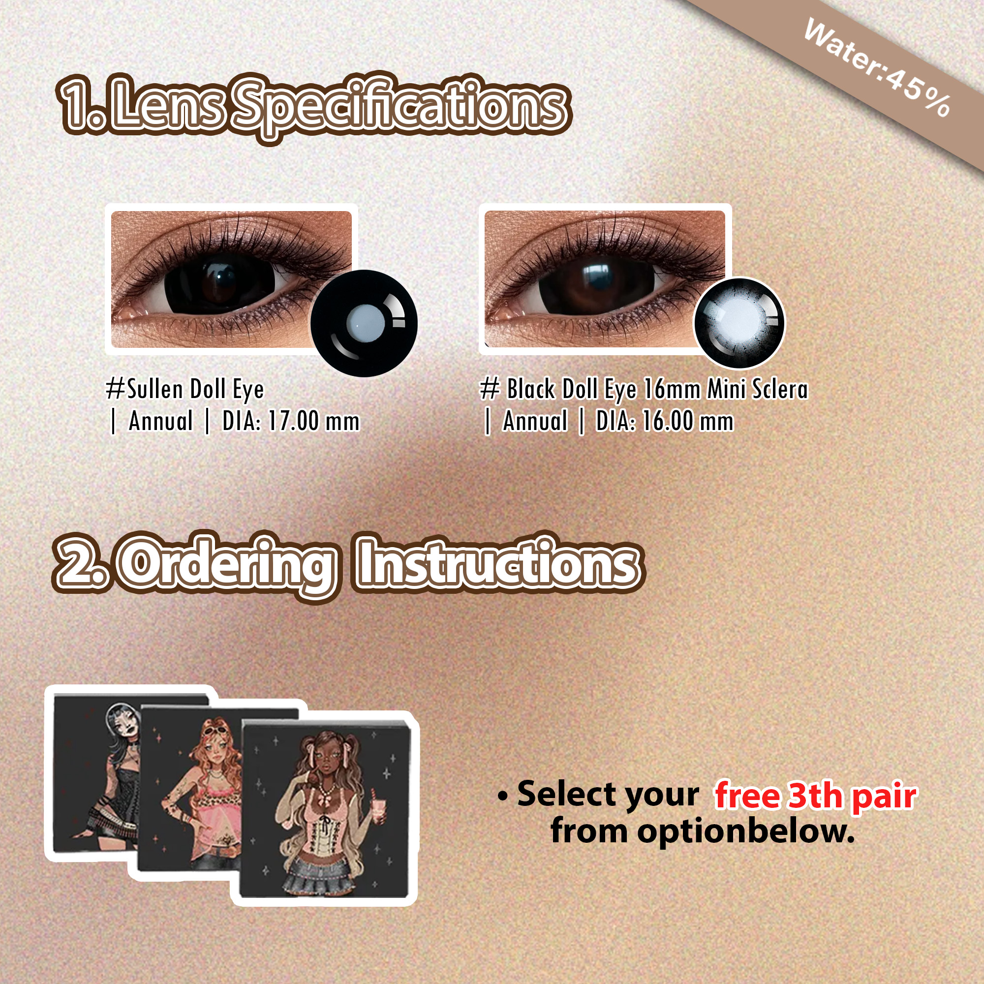 Summer Essentia X 3 Pairs Bigger Cute Dolly Eye Contacts Set Enlarge | Black 17mm (Customized✨）